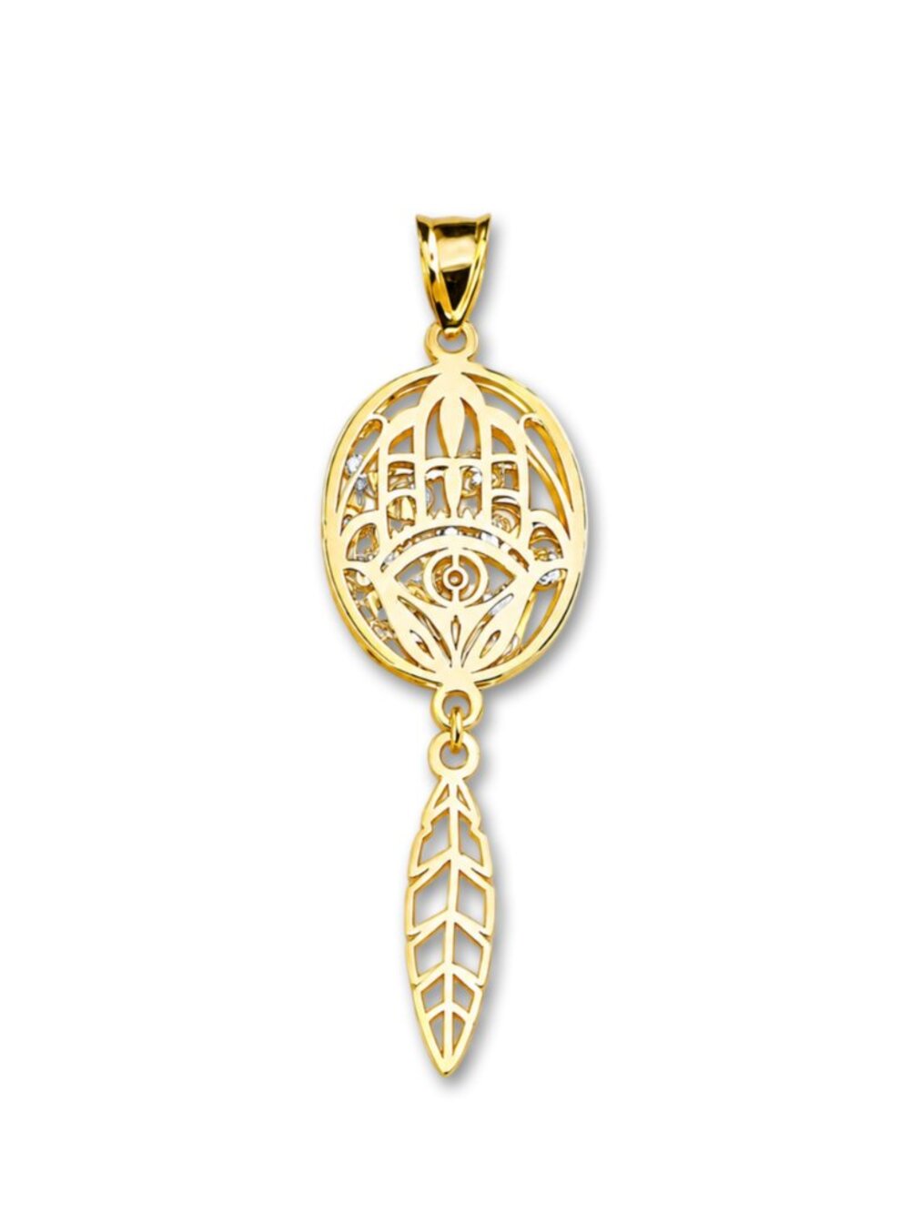 14K Solid Gold Feather and Hamsa Pendant | Bohemian Charm By Tehrani Jewelry